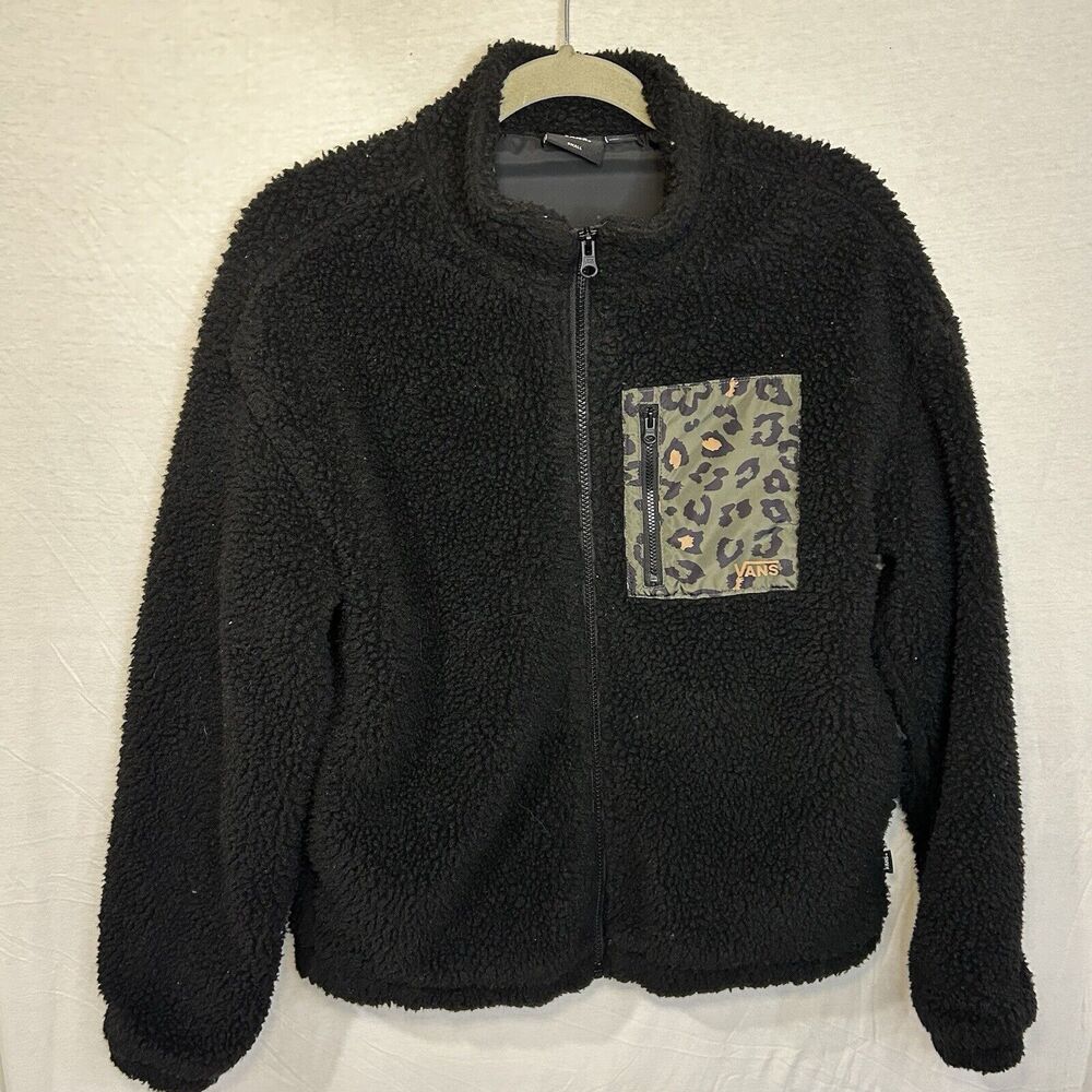 Vans Full Zip Fleece Jacket Mens‎ Small Mock Neck Black W/ Animal Print Pocket